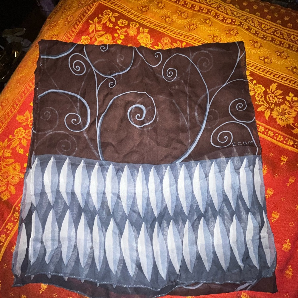 Echo Silk Swirl Pattern Scarf in Brown and Blue